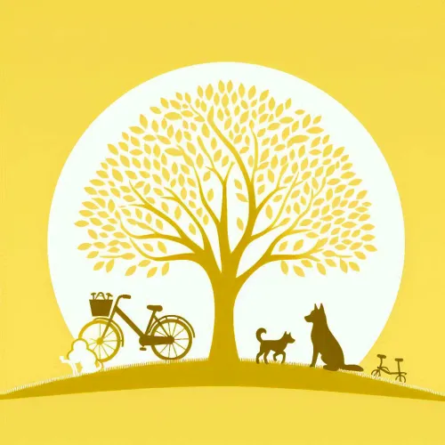 light yellow background with tree dog and bicycle