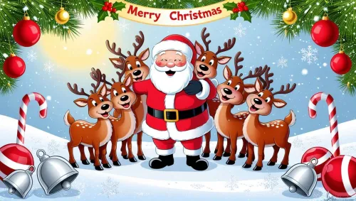 cartoon santa with reindeer and christmas tree illustration