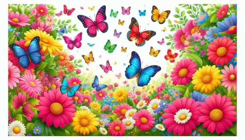 cheerful nature scene with pink, yellow, and red blossoms and butterflies