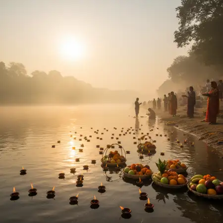 Free Chhath Puja Background With Devotees Offering Arghya Background Download