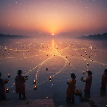 Free Chhath Puja Evening Background With Glowing Diyas Background Download