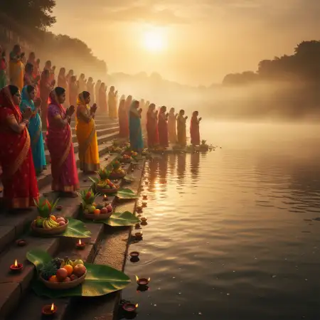 Free Chhath Puja Festival Background With Glowing Water Reflection Background Download