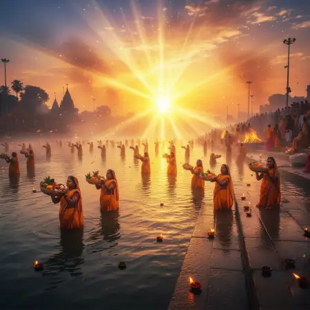 Free Chhath Puja Ghat Scene With Devotees And Baskets Background Download