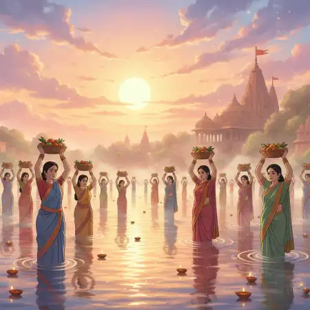 Free Chhath Puja Night Background With Oil Lamps And River Background Download