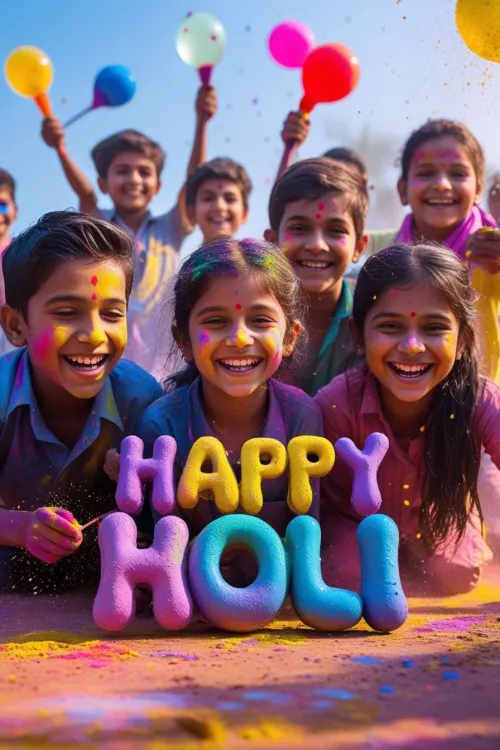 cute kids playing holi with color splash