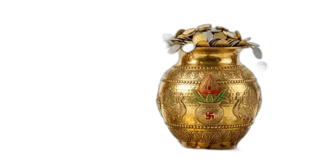 Decorated Golden Kalash With Coins Png Hd - Free Golden Puja Kalash With Gold Coins Png Download