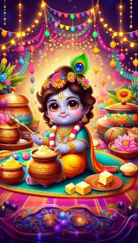 depict little krishna with a pot of butter, surrounded by colorful decorations and festival joy