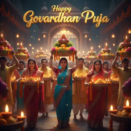 Devotees Carrying Decorated Baskets Of Fruits For Annakut - Free Happy Govardhan Puja 2025 Download