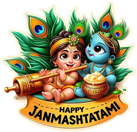 elegant happy krishna janmashtami png background with flute dahi handi peacock feather and baby krishna eating butter