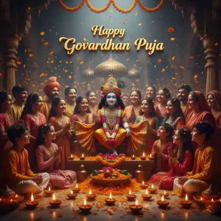 Evening Prayer With Fog, Lamps, And Temple In Background - Free Happy Govardhan Puja 2025 Download