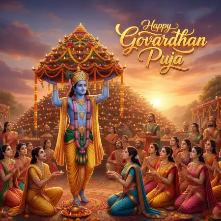 Family Taking Selfie Near Decorated Krishna Idol - Free Happy Govardhan Puja 2025 Download