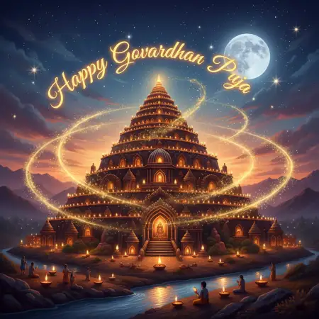 Glowing Govardhan Puja Poster With Krishna Lifting Hill - Free Happy Govardhan Puja Download