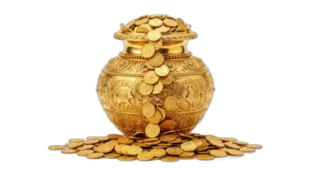 Golden Kalash With Coins Png High Quality Image - Free Golden Puja Kalash With Gold Coins Png Download