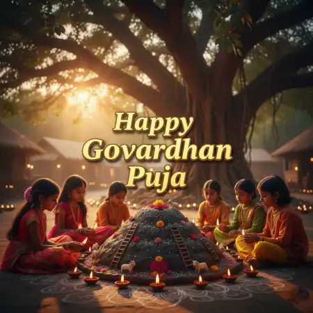 Golden Sunlight Falling On Krishna Statue With Devotees - Free Happy Govardhan Puja 2025 Download