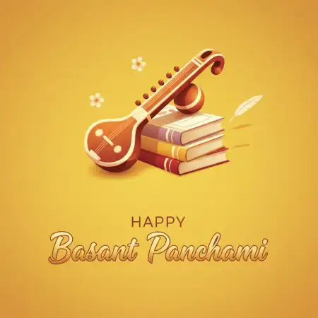 happy basant panchami festival banner with veena and books