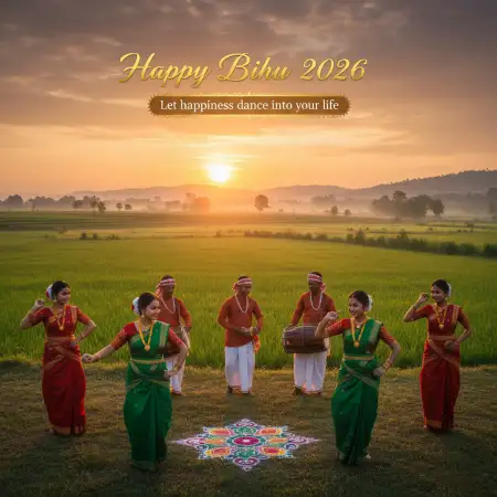 Happy Bihu 2026 Wishes With Dance Theme - Free Happy Bihu 2026 Download