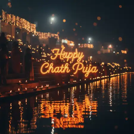 Happy Chhath Puja 2025 Wishes With Diya And River - Free Happy Chhath Puja 2025 Download