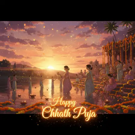 Free Happy Chhath Puja Greetings With Sunrise Scene Background Download