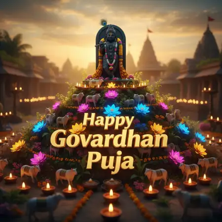 Happy Family Posing With Decorated Annakut Table - Free Happy Govardhan Puja 2025 Download