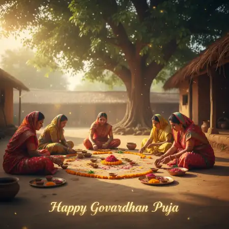 Happy Govardhan Puja Photo With Radha Krishna Temple Background - Free Happy Govardhan Puja Download