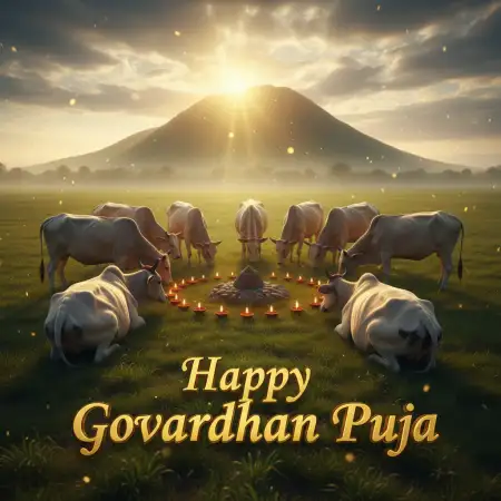 Happy Govardhan Puja Wishes With Mountain And Cow Images - Free Happy Govardhan Puja Download