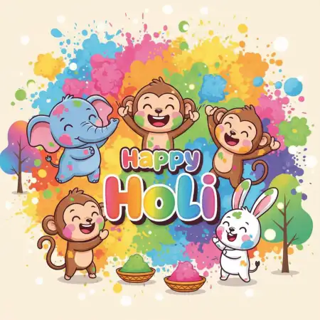 Free Happy Holi Greeting Card Cute Cartoon Theme 2 Image Download