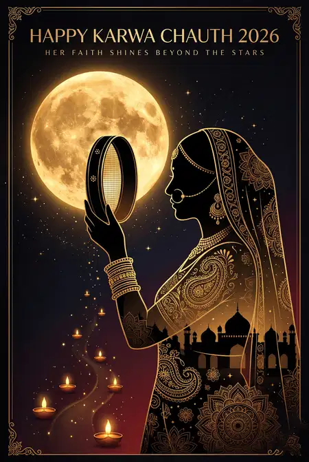 happy karwa chauth 2026 woman looking at moon - Happy Karwa Chauth 2026