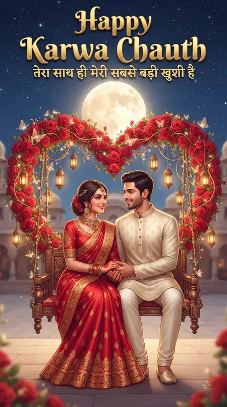 happy karwa chauth cute couple greeting card - Karwa Chauth Special Greeting Card