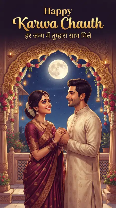 happy karwa chauth elegant couple silhouette greetings