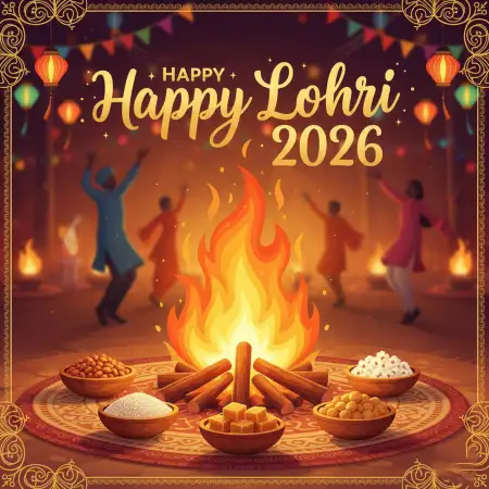 Happy Lohri 2026 Wishes With Folk Art Style - Free Happy Lohri 2026 Wishes Download