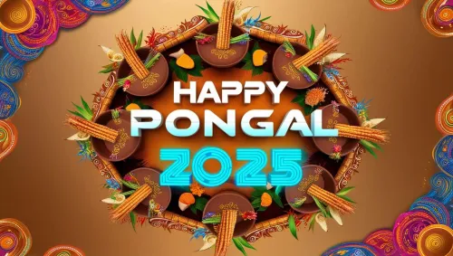 happy pongal greetings 2025 with sugarcane and rangoli