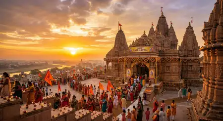 Free Happy Ram Navami Photo With Sunrise Temple Background Image Download