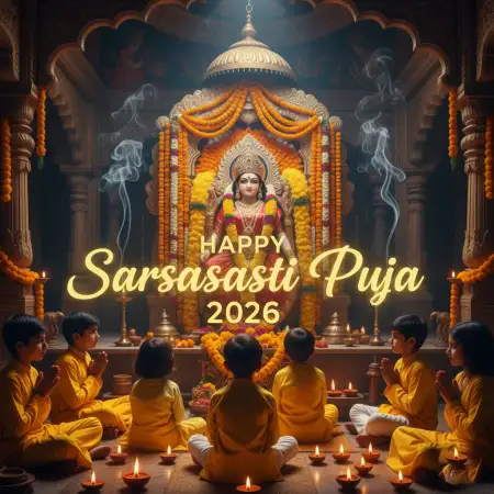 Free Happy Saraswati Puja 2026 Yellow Theme Poster Background Download