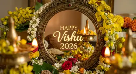Happy Vishu 2026 Wishes Images With Konna Flowers And Diya Hd - Free Happy Vishu 2026 Wishes Download