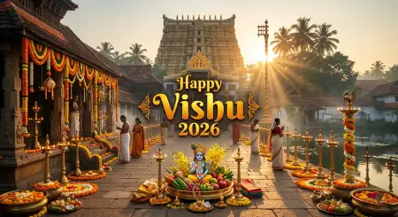 Happy Vishu 2026 Wishes Temple Background Images - Free Happy Vishu 2026 Wishes Download