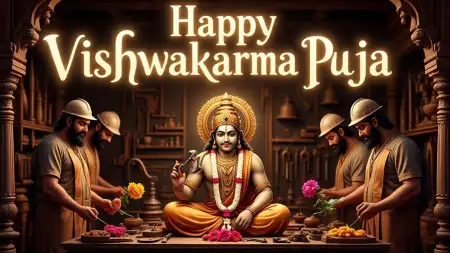 Happy Vishwakarma Puja Wishes With Temple Background - Free Happy Vishwakarma Puja Download