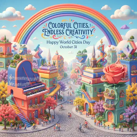 happy world cities day 2026 colorful buildings design - World Cities Day 2026