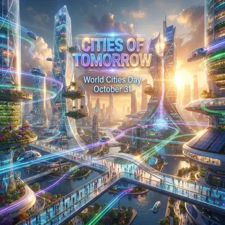 happy world cities day 2026 futuristic city artwork - World Cities Day 2026
