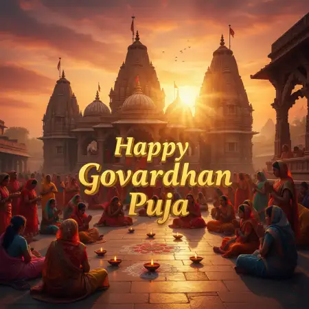 HDR-style Sunset Behind Krishna Statue And Devotees - Free Happy Govardhan Puja 2025 Download