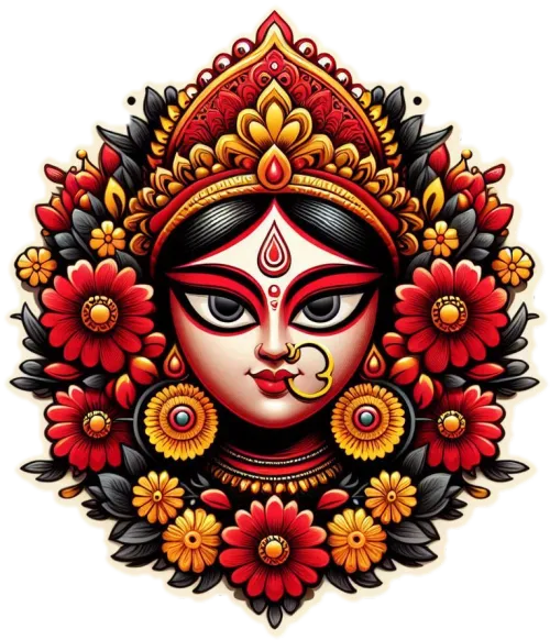 hindu goddess devi maa durga face png with red and yellow flowers