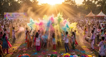 Holi Poster Background With Crowd Celebration - Free Holi Poster Background Download