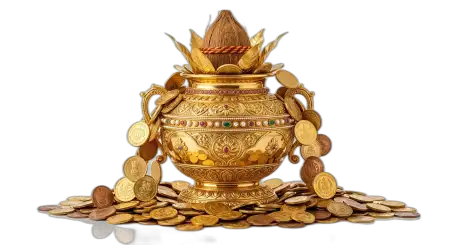 Indian Golden Kalash With Coins Png Hd - Free Golden Puja Kalash With Gold Coins Png Download