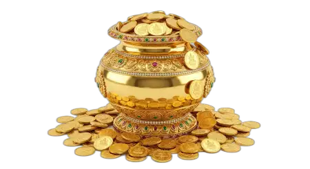 Kalash With Stacked Gold Coins Png Hd - Free Golden Puja Kalash With Gold Coins Png Download