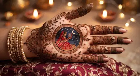 karwa chauth mehndi design with bride portrait