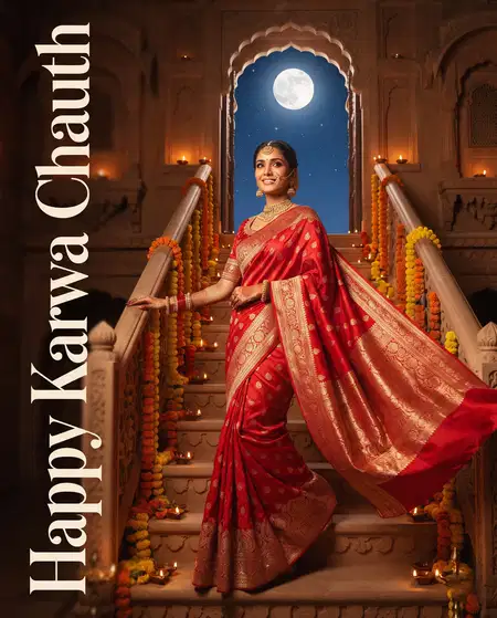 karwa chauth red saree greeting card