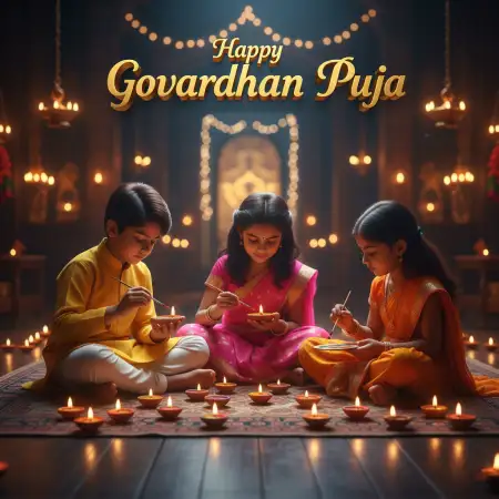 Kids Holding Small Diyas During Evening Prayers - Free Happy Govardhan Puja 2025 Download