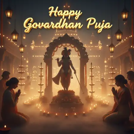 Krishna Idol Surrounded By Colorful Marigold Garlands - Free Happy Govardhan Puja 2025 Download