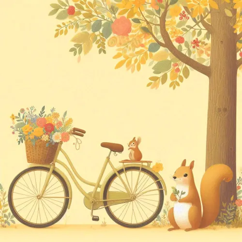 light yellow backdrop with a tree a rabbit with a flower bouquet