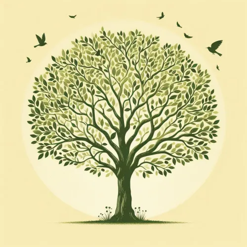 light yellow background with a tree sitting and flying birds