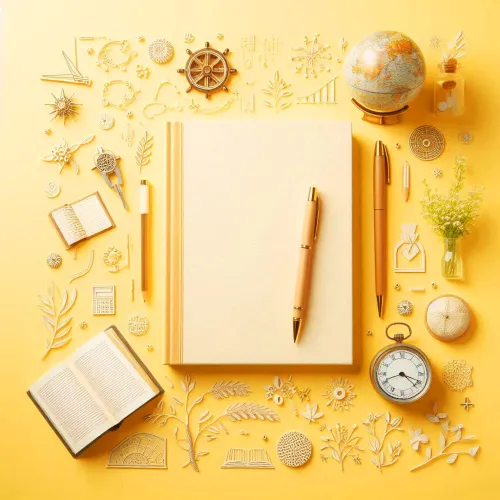 light yellow background with educational supplies including books pens, and notebooks